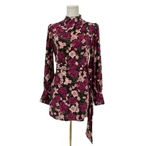 Express Floral Mock Neck Puff Sleeve Tie Waist Romper Size S Romantic Boho Pink